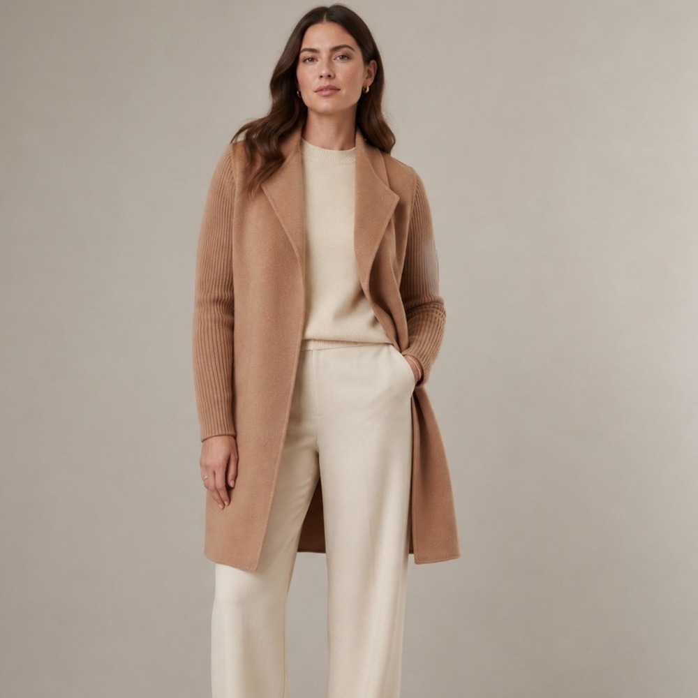Kinross Cashmere Camel Rib Sleeve Wool & Cashmere Coat, Large
